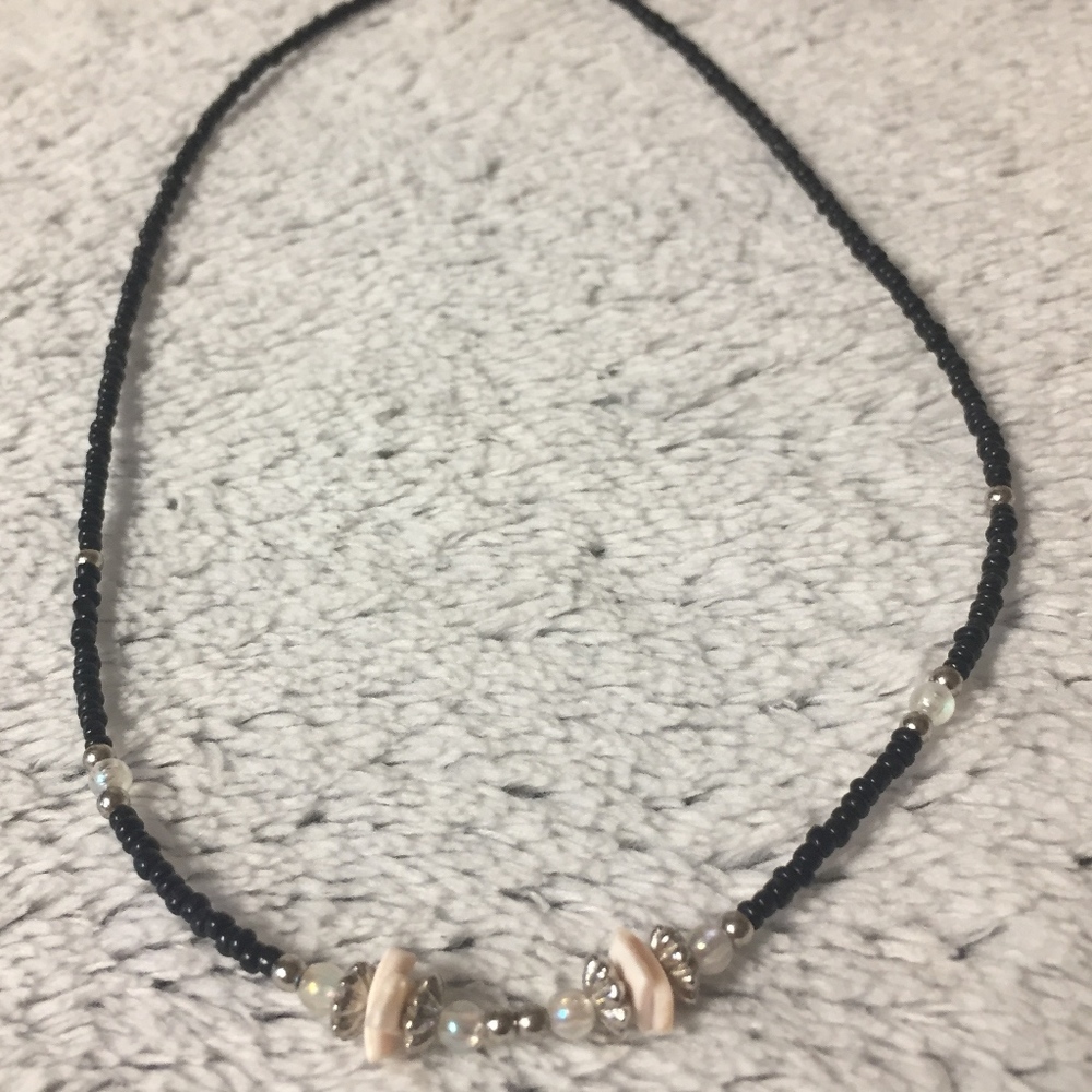 Black Beaded Necklace with Pink/White/Silver Beads